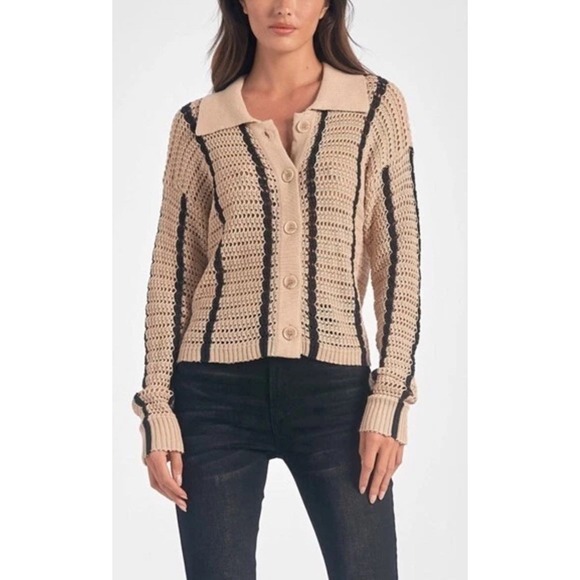 Elan Sweaters - Elan Button Down‎ Sweater Tan Black Size Medium